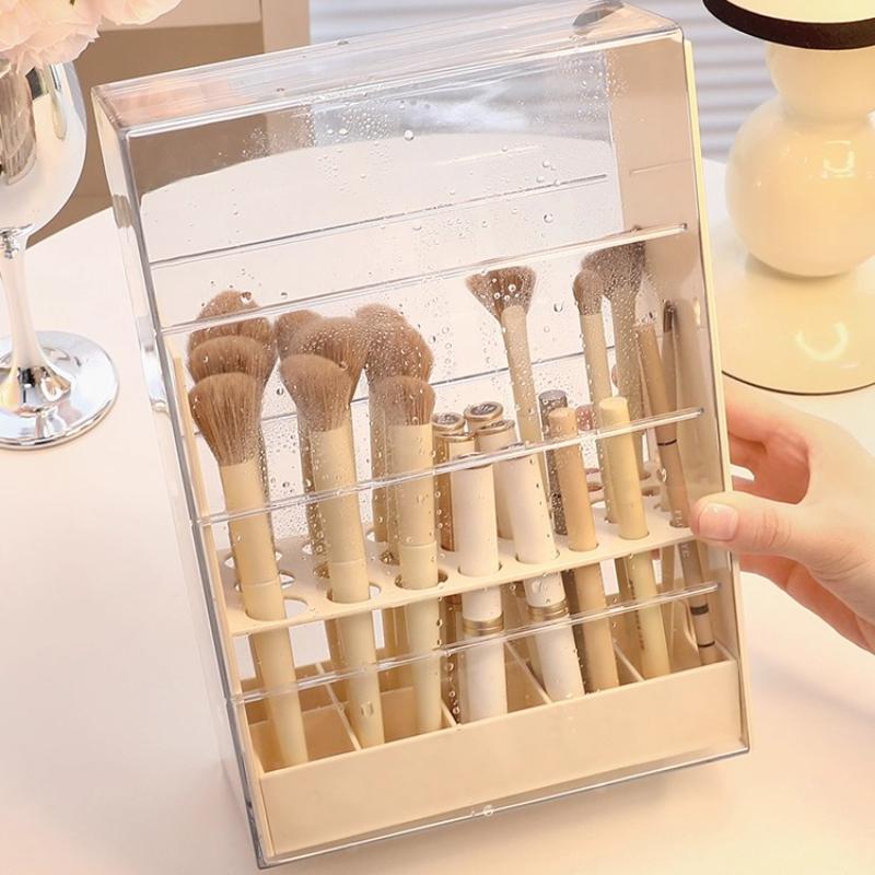 Makeup Brush Storage Box Lipstick Holder Divided Eyebrow Pencil Storage Rack Big Capacity Dustproof Dressing Table Brush Holder