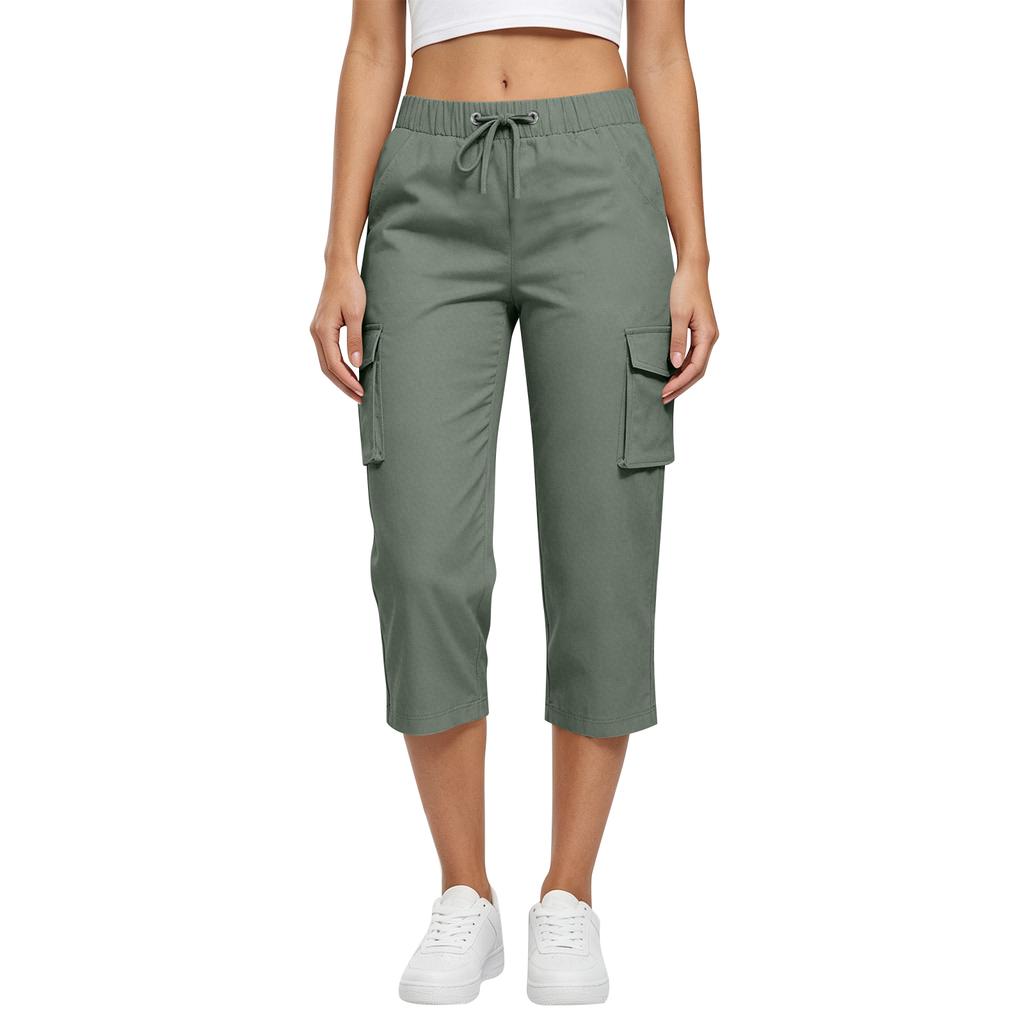 Damen High Waist Cargo Capri-Hose Lässiger Tunnelzugbund Leichter atmungsaktiver Stoff Dehnbare Passform Outdoor Activewear