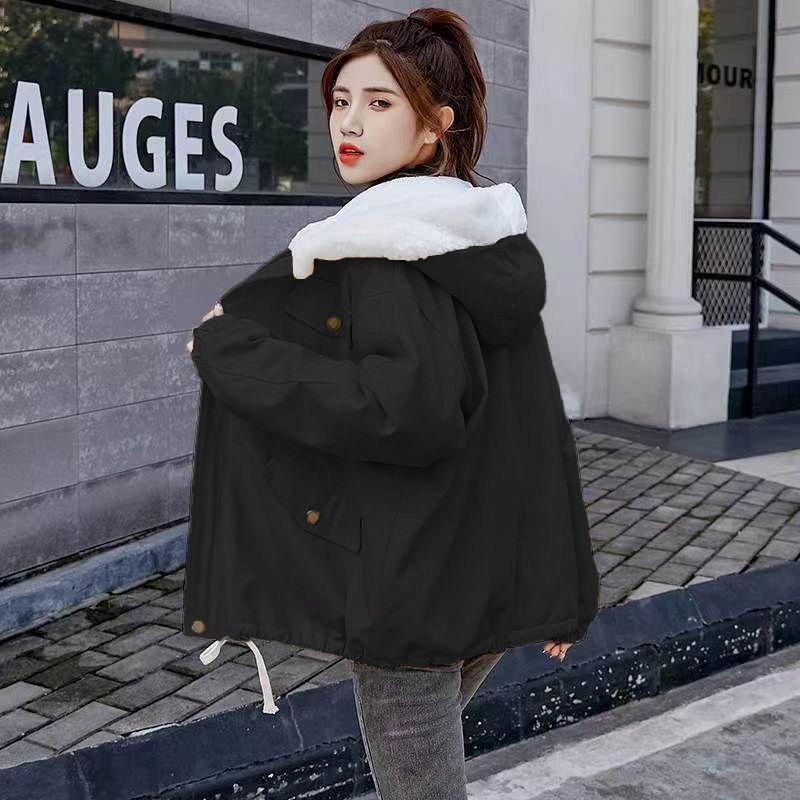 Women's Autumn/Winter Fleece-Lined Thickened Korean-Style Loose, Versatile, Casual and Stylish Lamb Wool Student Cotton Coat