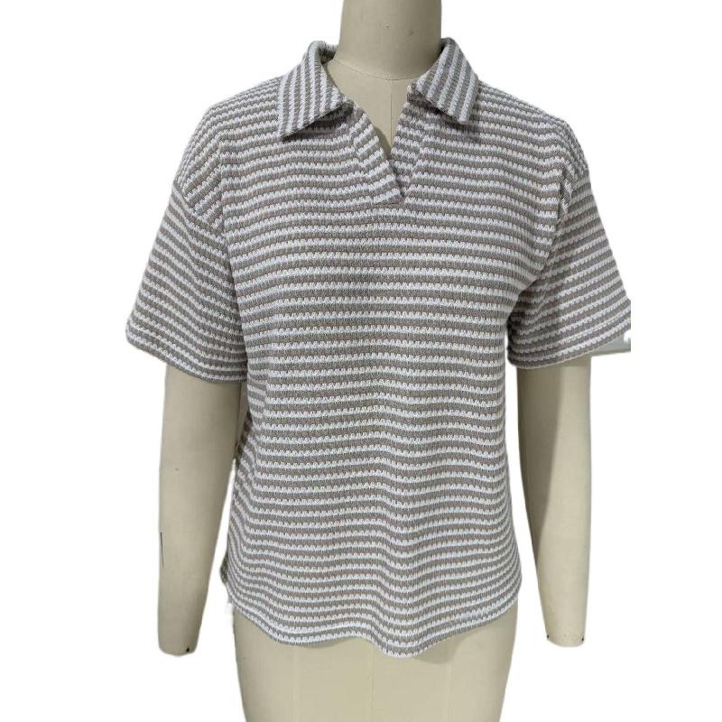 2026 Women's Turn-down Collar Solid Color Knitted Pullover Loose Short Sleeve Casual T-shirt