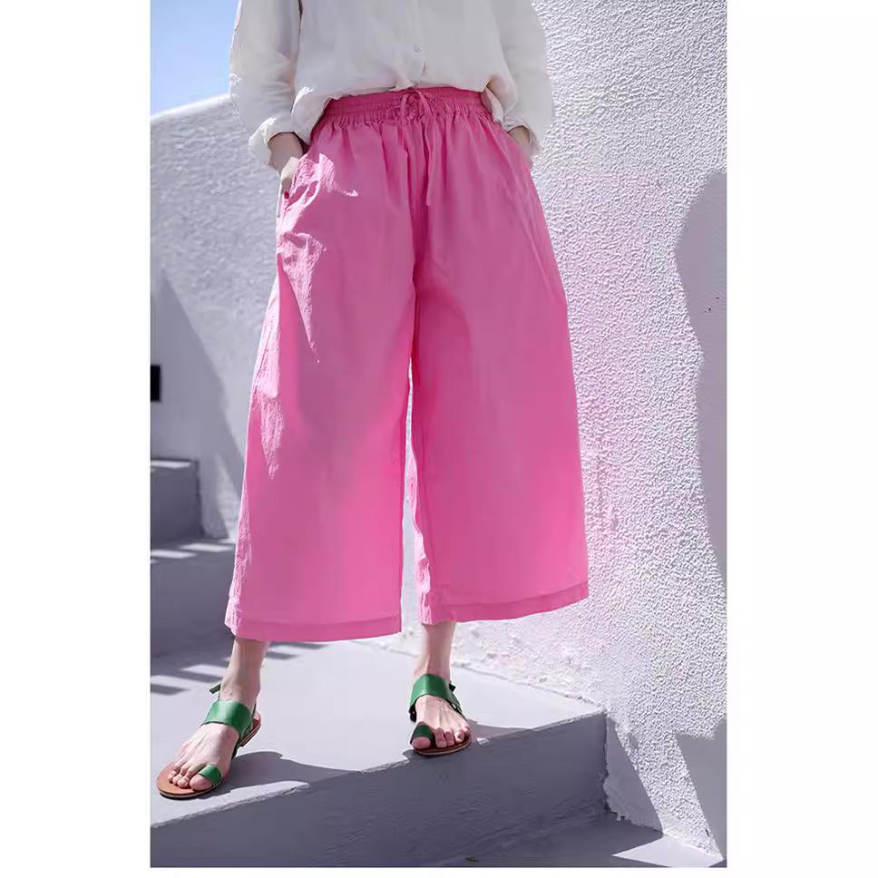 

Summer Retro Loose Cotton Wide-Leg Pants with Elastic Waist and Drawstring M вишня розовый