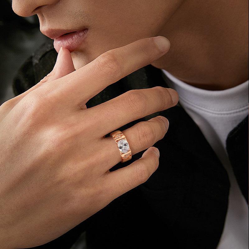 Men's Champagne Gold Open Band Ring with Simulated Diamonds - European American Wedding Style