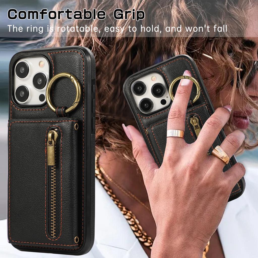Ring Zipper Wallet Multi Card Flip Leather Case for iPhone 15 14 13 12 11 Pro Max XS MAX XR for Samsung S24 S23 S22 S21 S20 Ultra Plus A14 A13 A53 A54