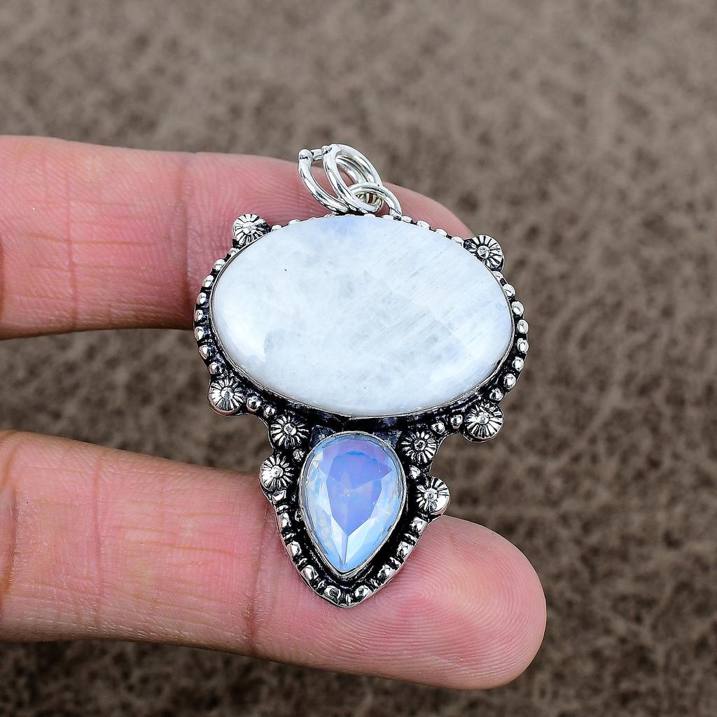 Moonstone, Opal Gemstone Handmade 925 Sterling Silver Jewelry Pendant 1.97" KKG-325