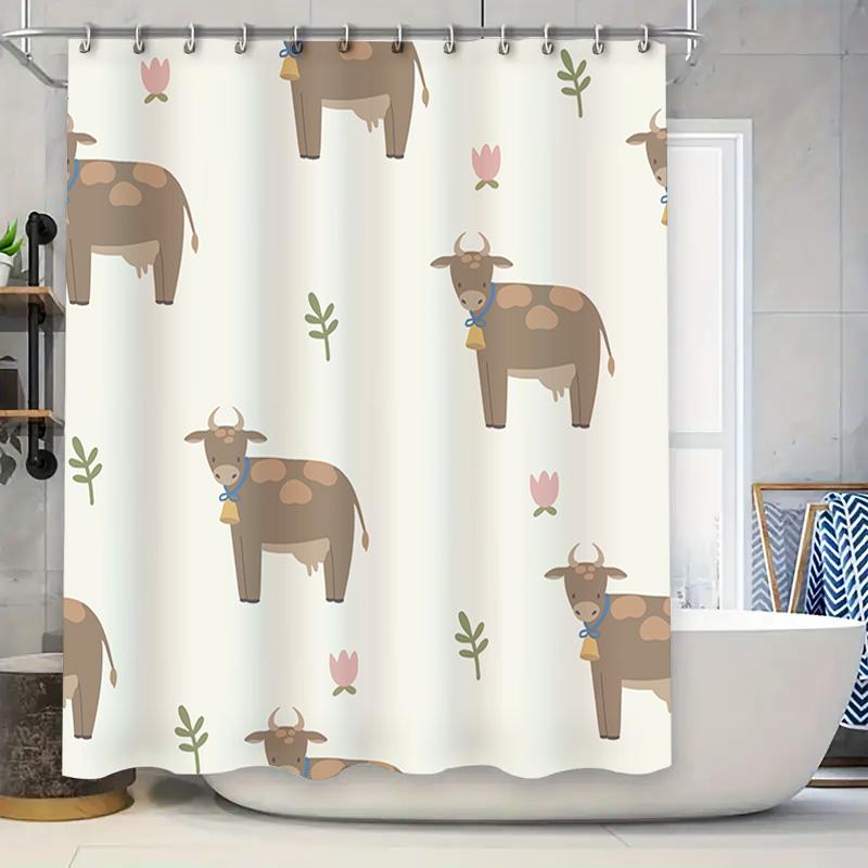 

Cute Cartoon Animal Shower Curtain Set For Bathroom Decor, Washable Fabric Waterproof Bath Mat Cow Pattern In Neutral Colors (W W60H190(CM)-1 Pcs