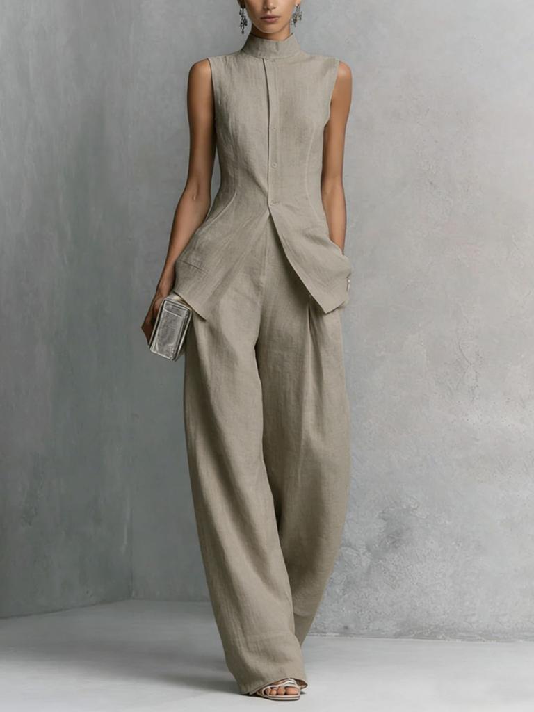 2026 European and American drape cotton and linen shirt solid color fashion temperament sleeveless trousers suit
