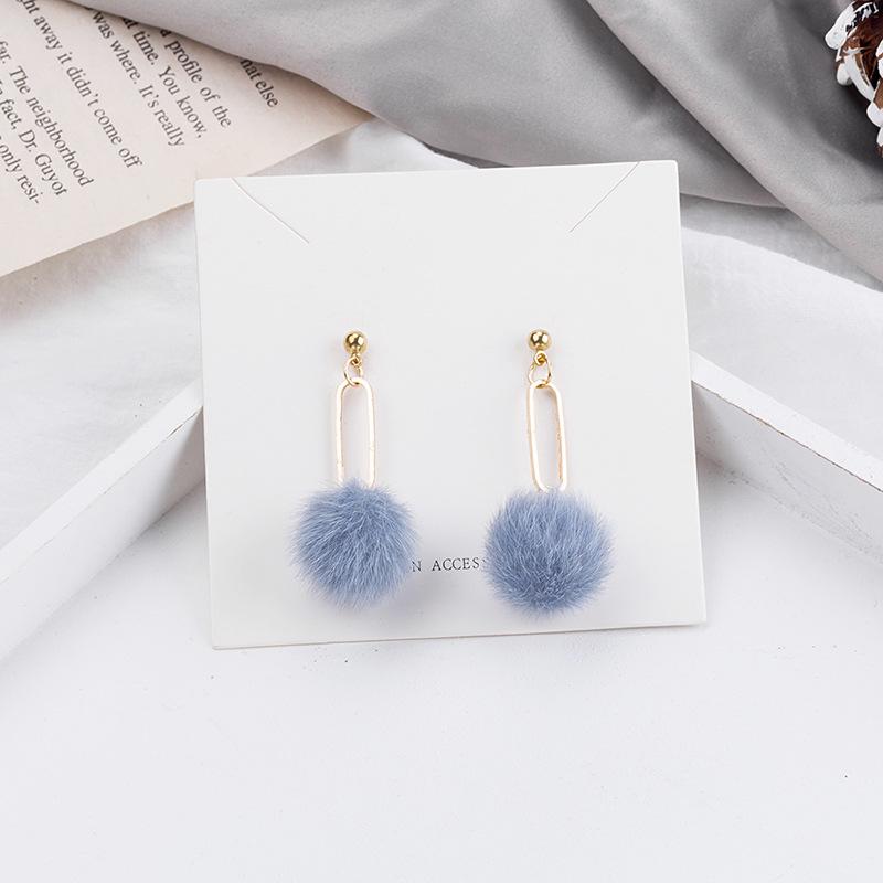 "925 Silver Needle Wool Ball Earrings: Cute Candy Color Long Earrings with Metal Splicing - Japanese & Korean Style for Autumn/Winter"