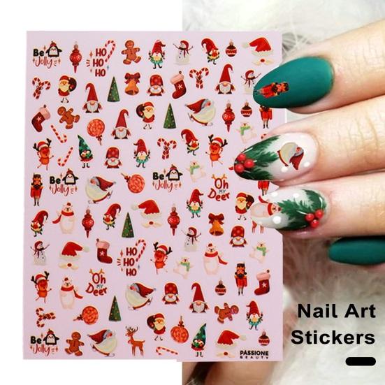 

8 Sheets Christmas Nail Stickers Cute Santa Claus Elk Bell Bow Self-adhesive DIY PVC Nail