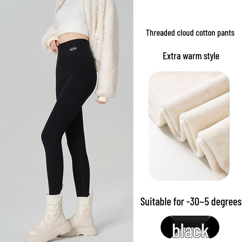 High Waist Warm Fleece-Lined Leggings - Vertical Stripe, Matte, Slimming Cotton for Autumn/Winter