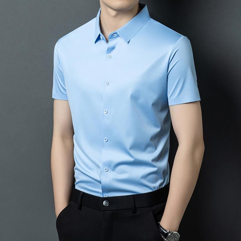 Men's Ice Silk Short Sleeve Lapel Shirt - Business Casual, Non-Iron, Elastic Fit for Middle-Aged Dads