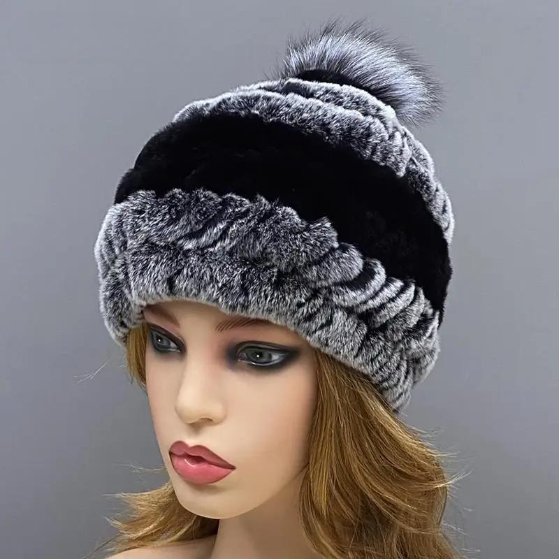 Căciulă Tricotată cu Pompom pentru Femei Iarnă Caldă Blană Naturală de Iepure Rex Vulpe Pompom Cranii Fete Căciuli Groase Colorate