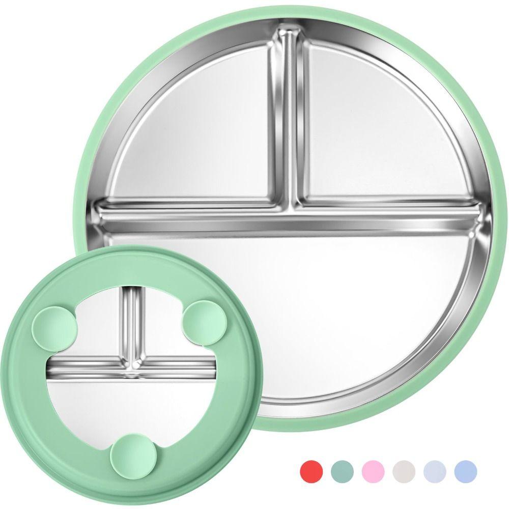 

Stainless Steel Kids Plate with Suction Silicone Sleeves Toddler Bowls синій