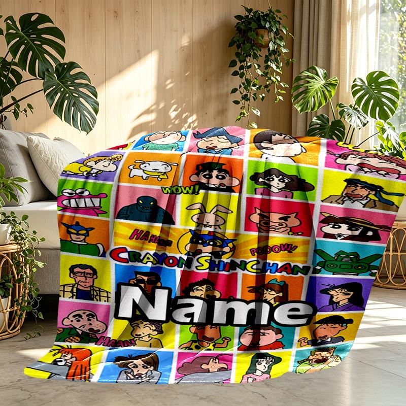Custom Name Personalized Crayon Shin Print Blanket, Home Decor, Bedroom, Sofa, Camping, Couch, Gifts for Birthday Christmas