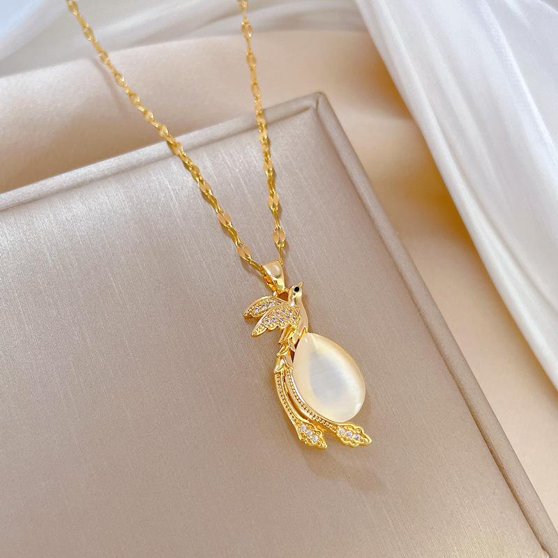 Титановая сталь Легкая роскошь Темперамент Великолепный Полностью бриллиантовый Кошачий глаз Феникс Ожерелье Женская универсальная Цепочка на ключицу Титановая стальная цепочка