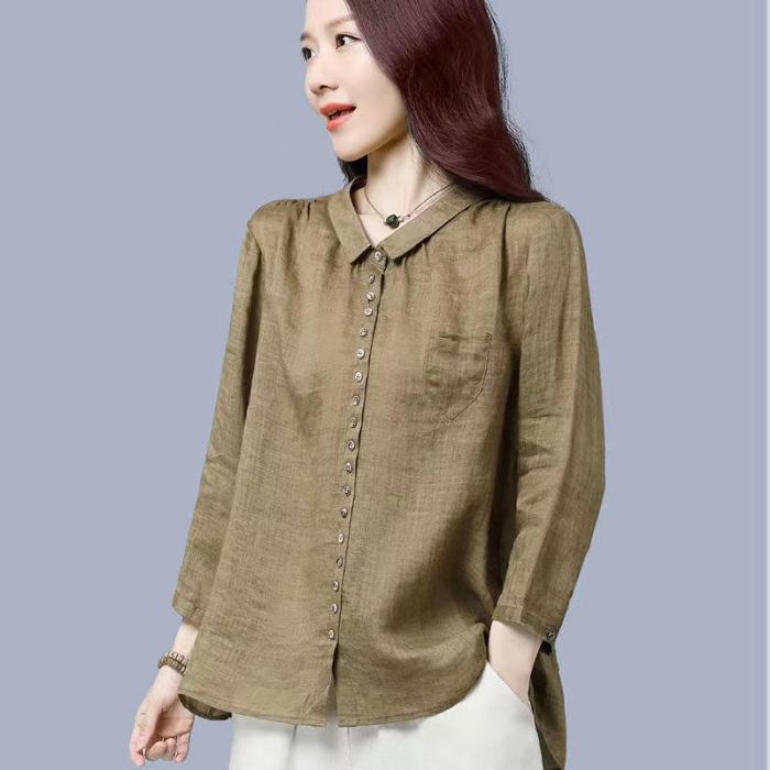 Baumwoll- und Leinenhemd Damen Frühling und Herbst Locker und Dünn Westernstil Damen Locker Allround-Bluse Hemd