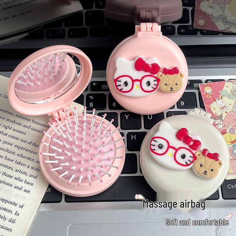 Cartoon KT Cat Folding Comb and Mirror - Portable Mini Air Cushion Massage Comb for Women's Hairstyling
