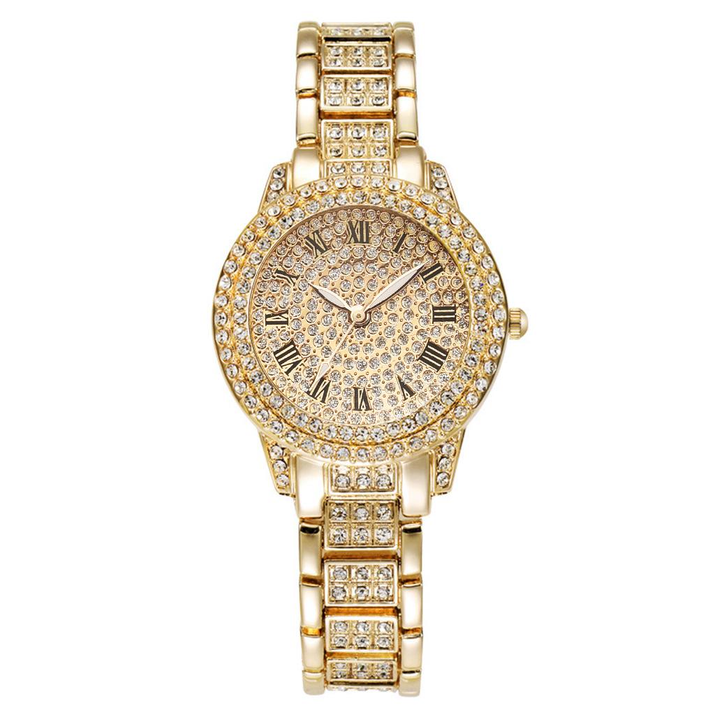 Trendy Roman Numerals Luxury Diamond-Encrusted Cuban Bracelet With Women S Watch Fashion Hip-Hop Steel Watch золотой
