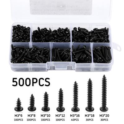 Kit d'assortiment de vis autotaraudeuses à tête cylindrique 340/500 pièces, vis cruciformes M3/M4/M3.5/M4.8, vis en acier au carbone pour meubles