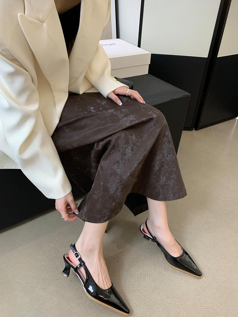 fashion Sexy Women Sandals Round Toe Summer Dress Shoes Thin Mid Heels Black Beige Red Back Strap New Arrivals 2024 Party Pumps Wedding