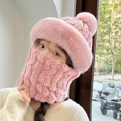 Yousheng Pullover Hat 3-in-1 Knit Hat Solid Color Plush Ball Decor Fleece Lined Scarf Face Guard Hat Headwear Cold Weather Accessories