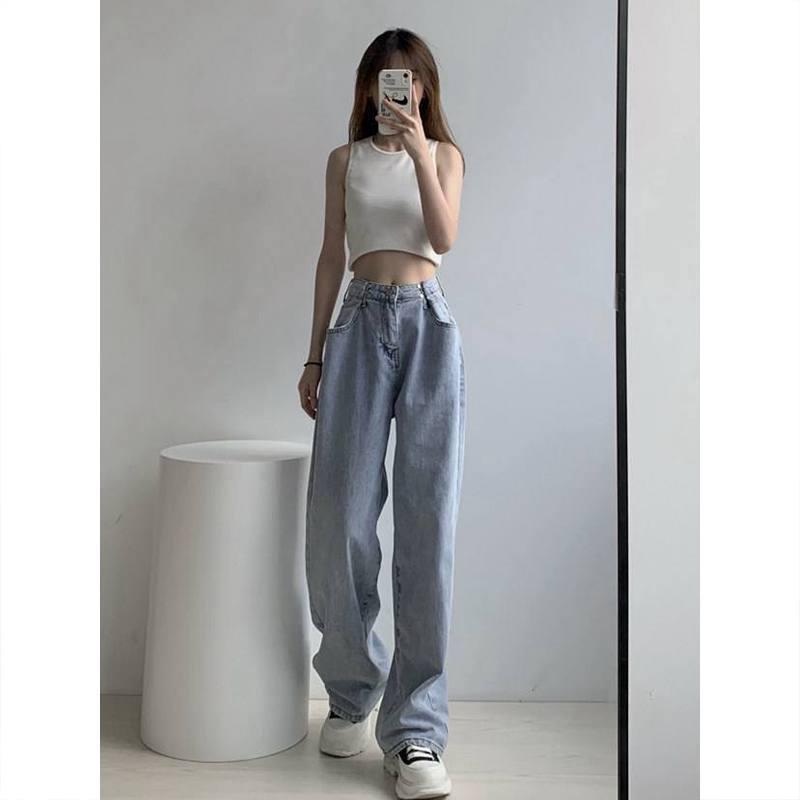 

Women s 2022 Retro High-Waisted Wide-Leg Jeans - Korean Style Loose Fit, Flattering Thin Straight Pants for Spring and Autumn XX-Large