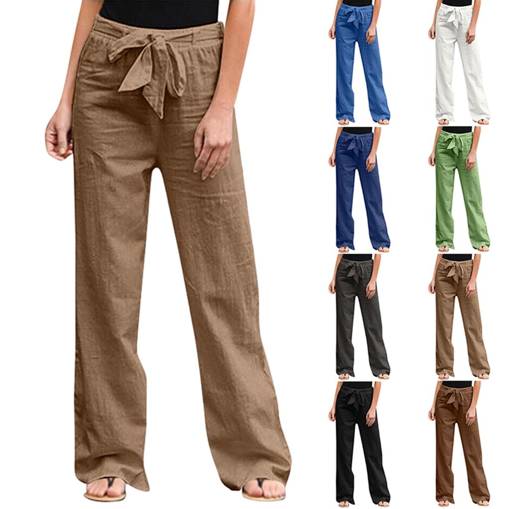 Women's Color Elastic Waist Breathable Loose Cotton And Linen Pants
