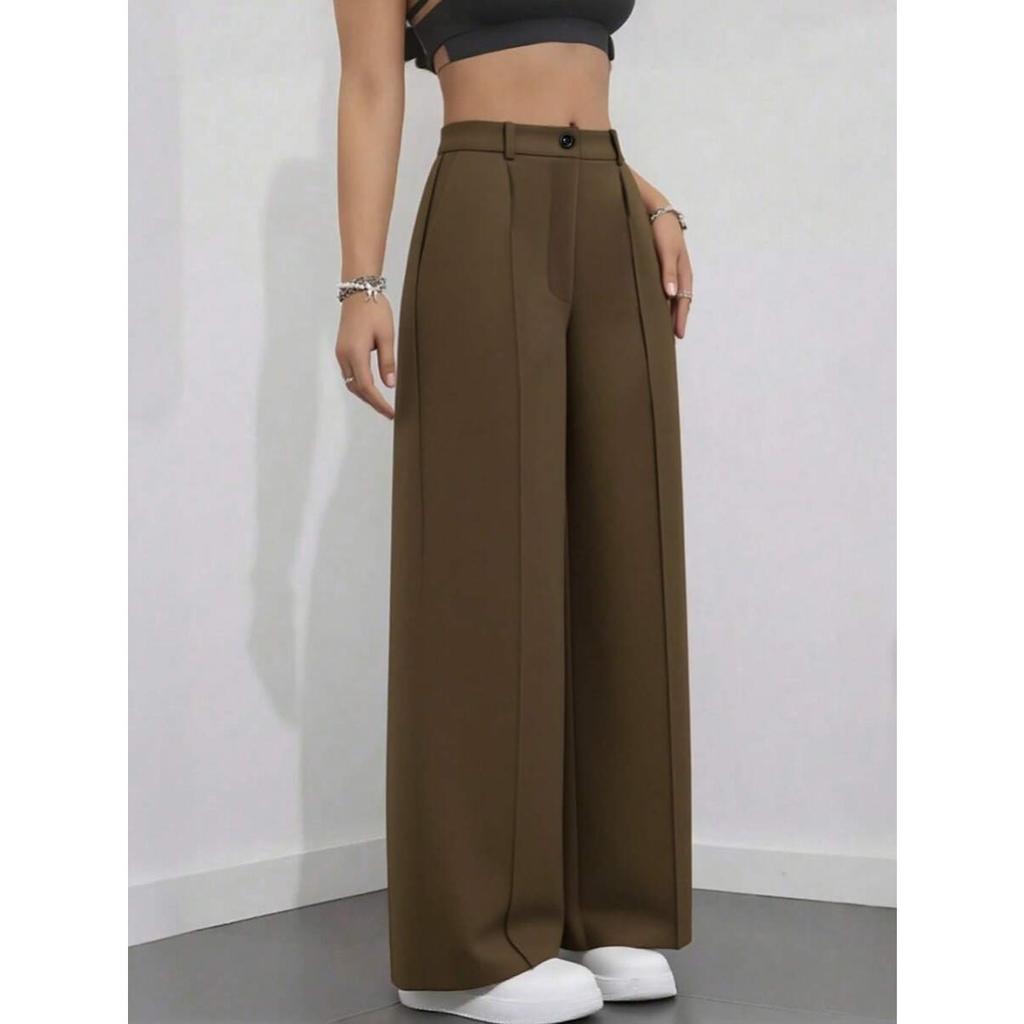 Jednokolorowe spodnie casual, Damskie spodnie z wysokim stanem, plisowane, luźne, Spodnie do pracy