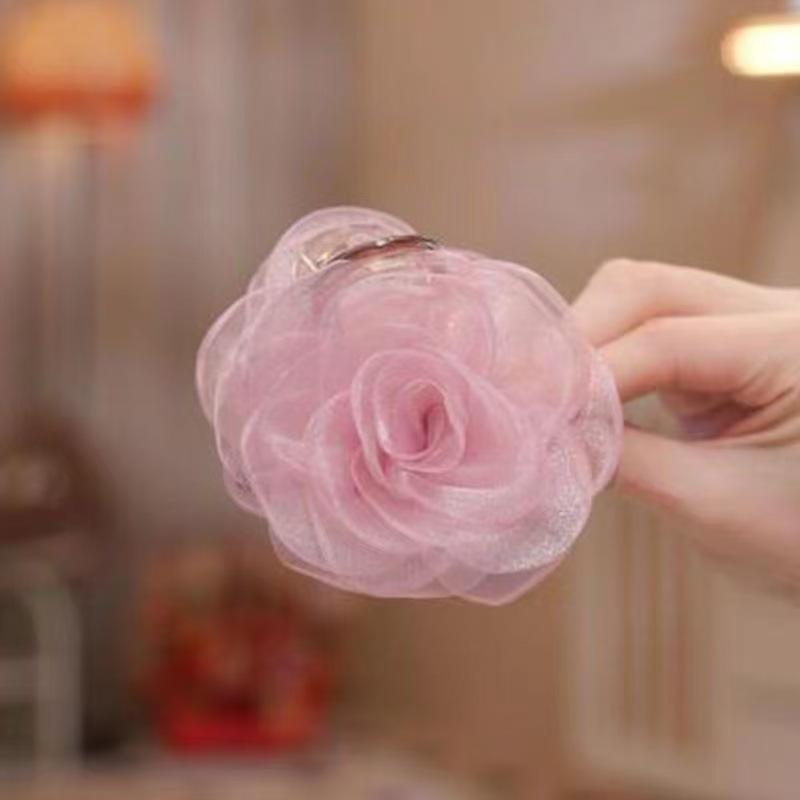 Elegant Fairy Gauze Rose Camellia Hair Claw for Women - Hair Clip Accessory for Ponytails and Bangs