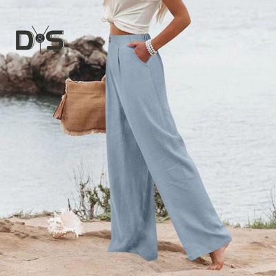 Women Long Pants with Pockets High Waist Buttons Zipper Fly Wide Leg Long Trousers Solid Color Commuter Style Pants