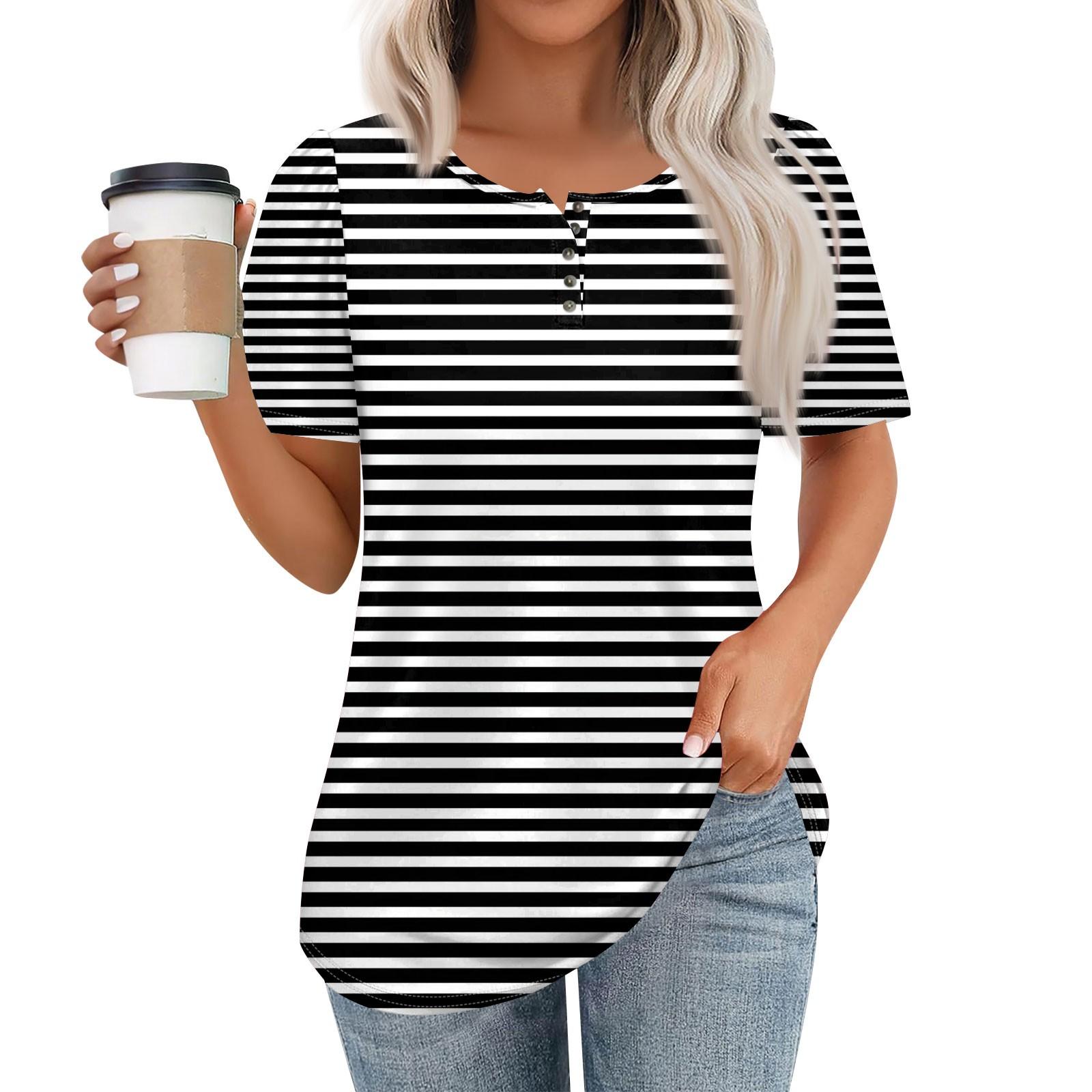 

Женская мода повседневная короткая рукава пуловер с принтом в полоску и круглым вырезом L чёрный