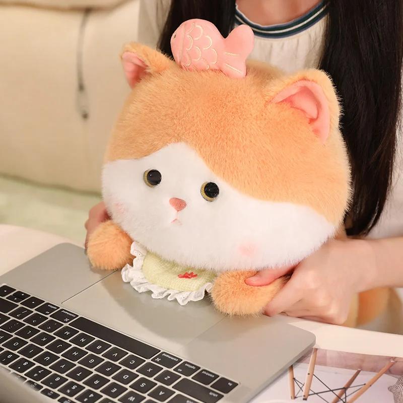 Lovely Cat With Fish Plush Toy Stuffed Fluffy Yellow Cat Kawaii Cat Soft Doll Toys For Children Birthday Gift Room Decor