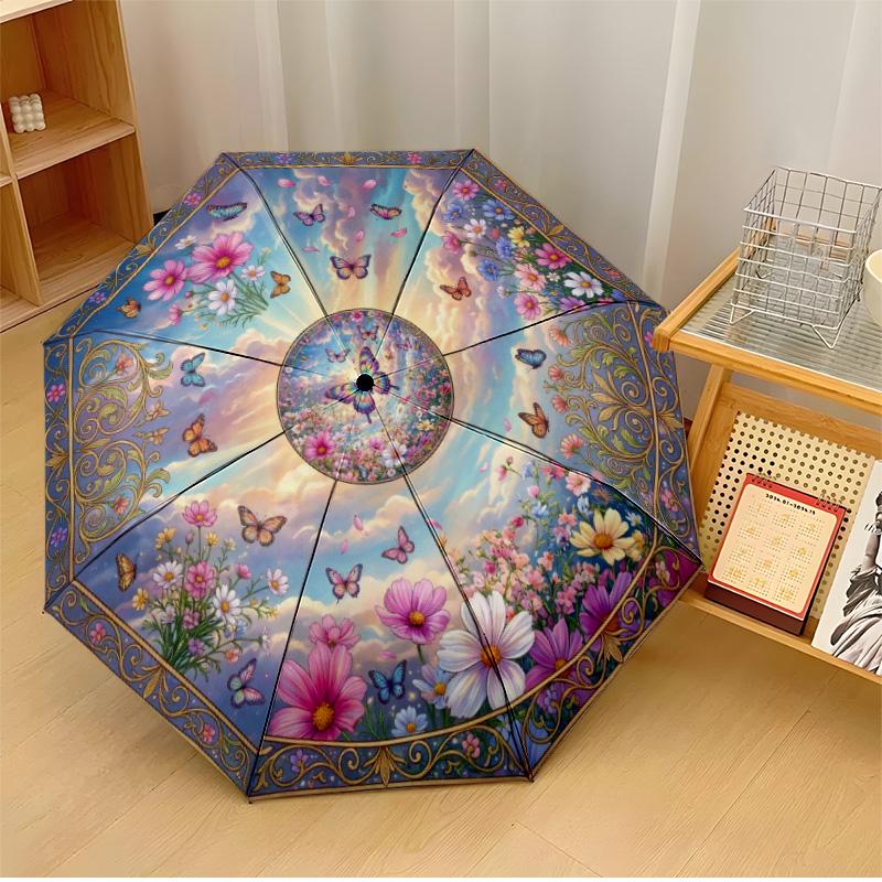 Butterfly Flower Circle (1) Printed Umbrella Windproof Folding Umbrella Portable Sun and Rain Umbrella Suitable for Gifting
