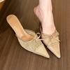 Cold and gentle feeling! Lace pointed head bow high heels women's sexy bag head half slippers
