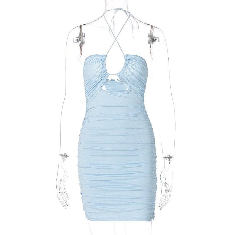 2022 Summer Solid Halter Šaty bez zad Y2K Fashion Bez rukávů Duté minišaty Dámské Sexy Club Party Šaty Bodycon Oblečení