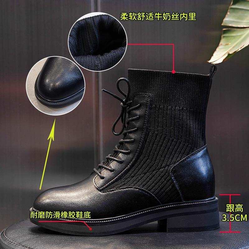 Leather Martin Boots Autumn New Leather Boots Women's Medium Tube Casual Thick Heel Short Boots Women's Socks Thick Sole Women's Boots