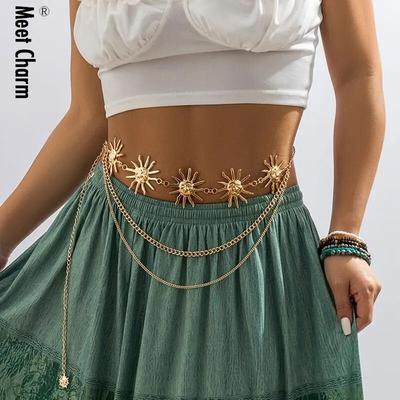 Vintage Fashion Metal Sun Flower Smile Waist Chains Women Sexy Bikini Beach Tassel Pendant Belly Body Chain Summer Jewelry