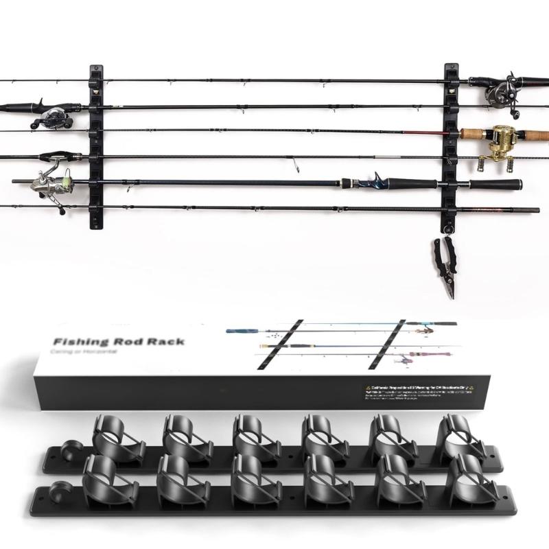 Vertical/Horizontal Fishing Rod Rack Holder Hanger Holds 6 Fishing Rods Wall Mounted Storage Organizers Display Stand