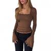 Haut pour femme à manches longues, col en U, côtelé, bordure en dentelle, coupe sexy, Streetwear, Automne Hiver 2026