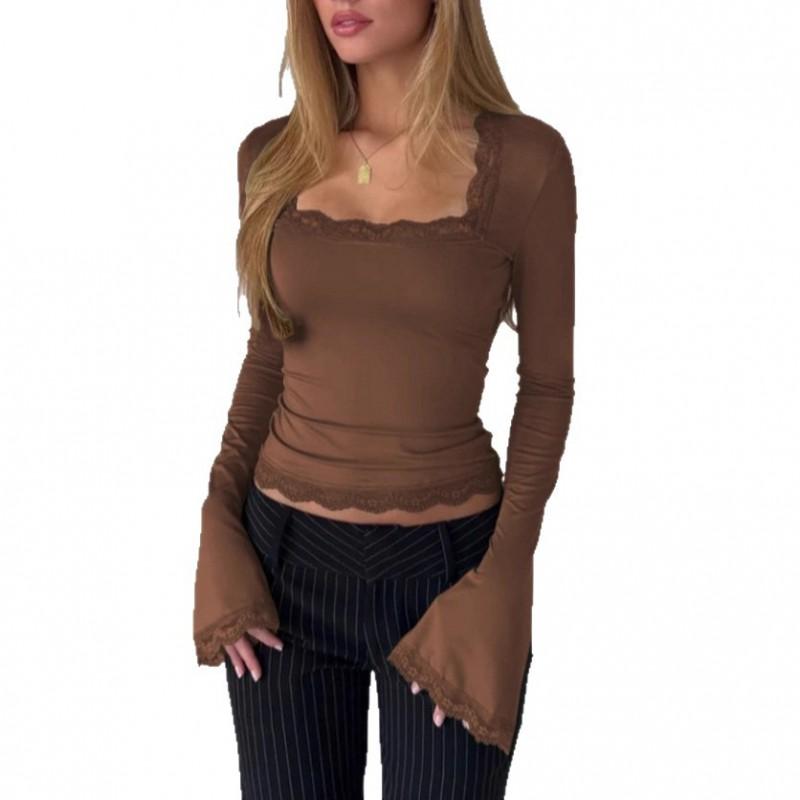 Haut pour femme à manches longues, col en U, côtelé, bordure en dentelle, coupe sexy, Streetwear, Automne Hiver 2026