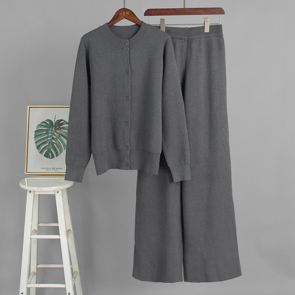 Women's Beige Knit Two-Piece Set Long Sleeve Cardigan and Wide Leg Pants