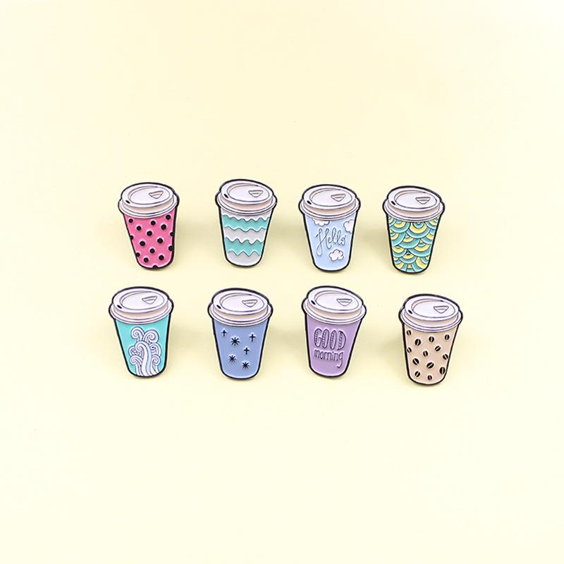 Creative Milk Tea Cup Brooch: Trendy & Colorful with Waves, Clouds, and Letter Patterns for a Versatile Fashion Statement.