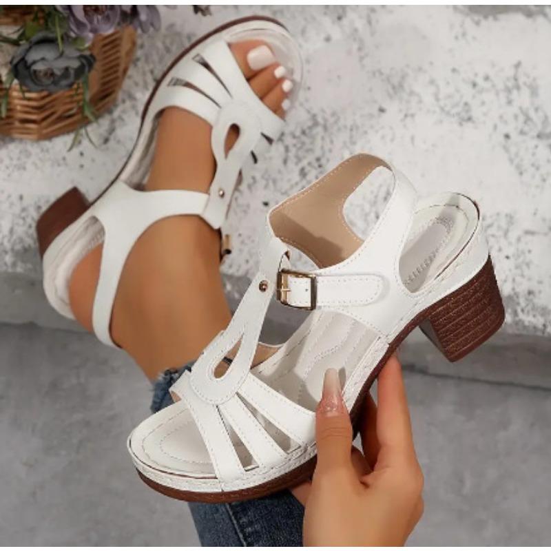 Women's Solid Color Fashion Sandals, Summer T-strap High Heels, Casual Single Strap Non-slip Thick Heel Shoes