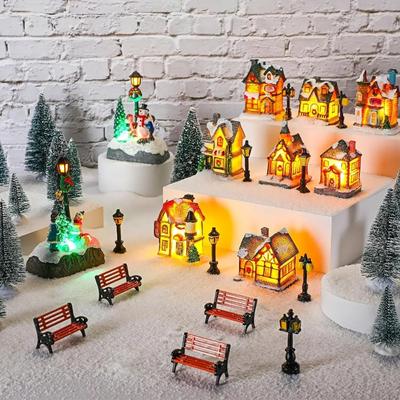 Lighting Resin Christmas Light House Miniature House Kerstdorp Christmas Ornaments Furniture LED Xmas House Decorate Gifts