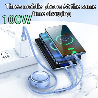 Charging Cable 3-in-1 Retractable Anti-winding Type 100W Fast Charging Pin C/Micro USB/8 Telescopic 5-step Adjustment Charging