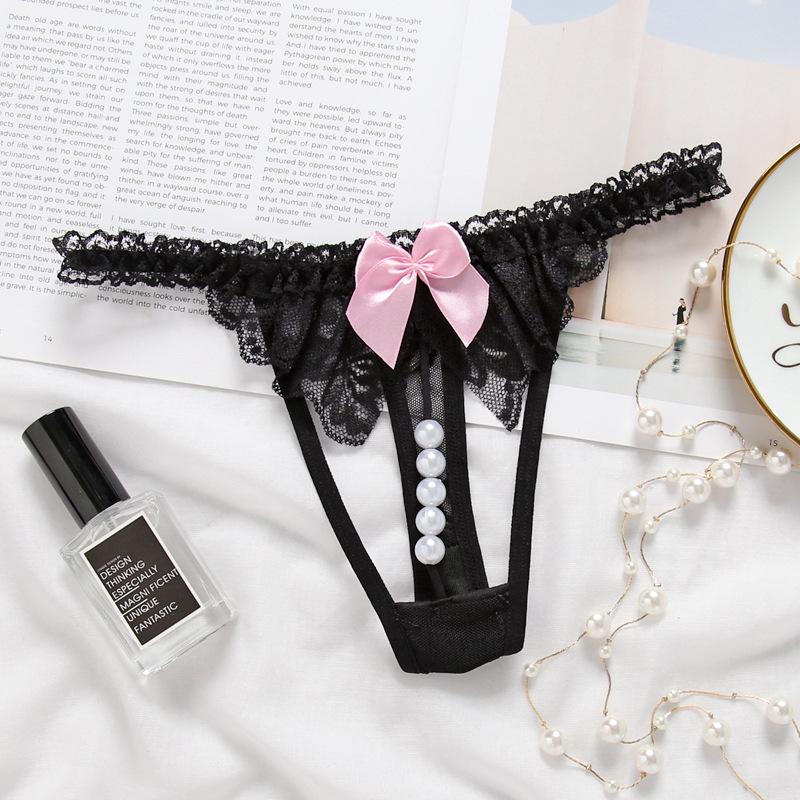 Japanese Style Pearl Open Crotch Lace Thong Panties - Cute, Transparent, Low Waist, Hollow Out Design