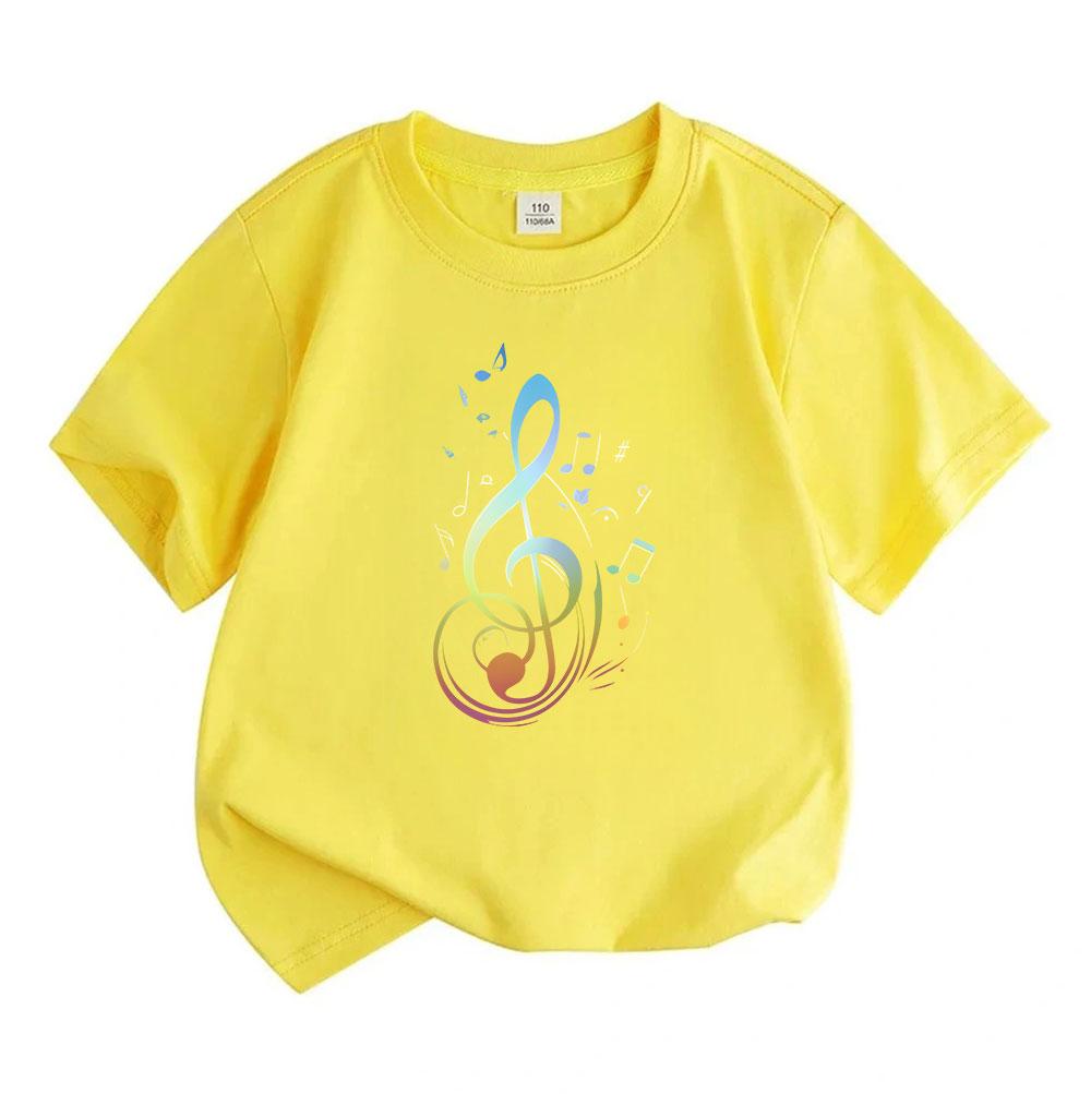 T-shirt a maniche corte con girocollo per bambini e ragazzi, 100% cotone, stampa colorata di chiave di violino e nota musicale, casual, morbida, traspirante, maglietta estiva per amanti della musica