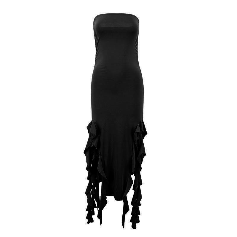 Women Strapless Sexy Floral Fold Hemline High Slit Mini Dress Solid Backless Sleeveless Black And Pink Party Dress Vestidos S чёрный