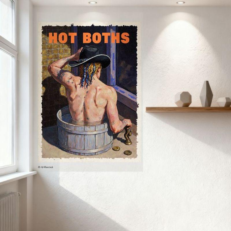 Sexy Shirtless Man with Blue Braids & Tattoos In Wooden Barrel Hot Tub - Retro Vintage Style Tin Sign for Wall Decor