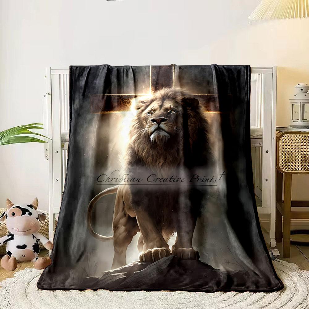 Lion Cross Religious Blanket  Printed Blanket for Living Room Bed Couch lunch break Soft Cozy Blanket for Friend's festival Gift