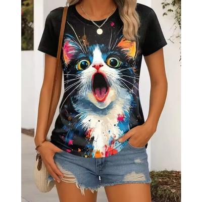 Cartoon Katze 3D-Druck Rundhals Kurzarm T-Shirt für Damen Tees Atmungsaktives Polyester Stretch Bequem für Alltag